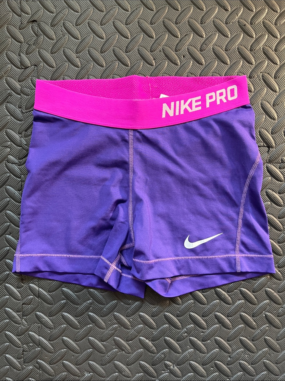 Nike Pro Women's Purple Spandex Shorts with Pink Waistband